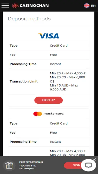 CasinoChan payments mobile
