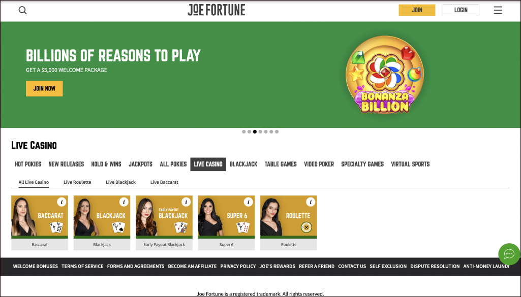 Joe Fortune Live Casino Games