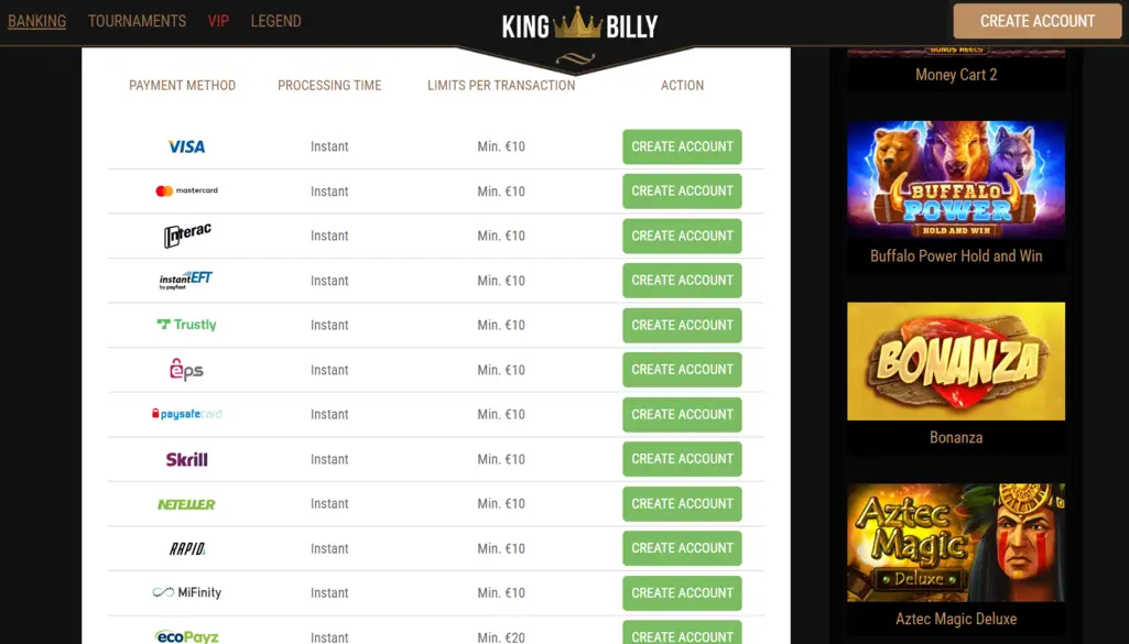 King Billy Casino Payments